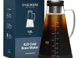 Airtight Cold Brew Iced Coffee Maker (& Iced Tea Maker) with Spout – 1.5L/ 51oz Ovalware RJ3 Brewing Glass Carafe with Removable Stainless Steel Filter