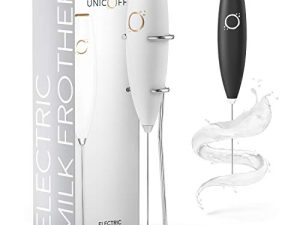 Milk Frother White - Coffee Frother Handheld with Electric Whisk - 19000 rpm - Book Recipes and Stainless Steel Stand Included - Hand Mixer Electric (White and Gold)