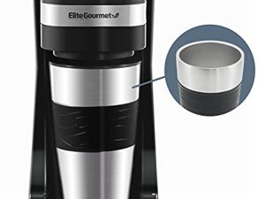 Elite Gourmet EHC111A Personal Single-Serve Compact Coffee Maker Brewer Includes 14Oz. Stainless Steel Interior Thermal Travel Mug