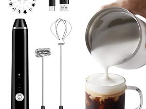 Rechargeable Milk Frother Handheld Electric Foam Maker with Stainless Whisk 3 Speed for Bulletproof Coffee Latte Cappuccino Hot Chocolate Black Extra 16 Pcs Art Stencils