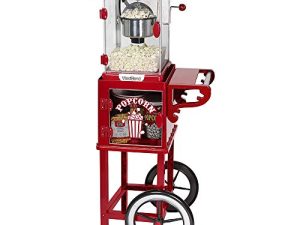 West Bend PCMC20RD13 Popcorn Cart Non-Stick Stainless Steel Kettle Makes 10 Cups Features Prep Shelf Storage and Wheels for Easy Mobility Includes Measuring Tool