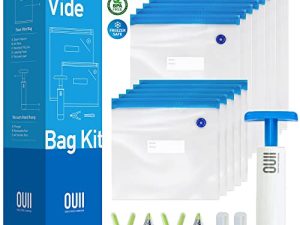 OUII Sous Vide Bags for Joule and Anova Cookers - 15 Reusable BPA-Free Sous Vide Bags with Vacuum Hand Pump in Various Sizes -Vacuum Sealer Bags Food Storage Freezer Safe - Fits Any Sous Vide Machine